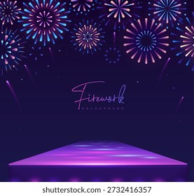 Fondo del escaparate con el podio 3D y la explosión colorida del fuegos artificiales del día de fiesta en fondo azul oscuro. Ilustración vectorial