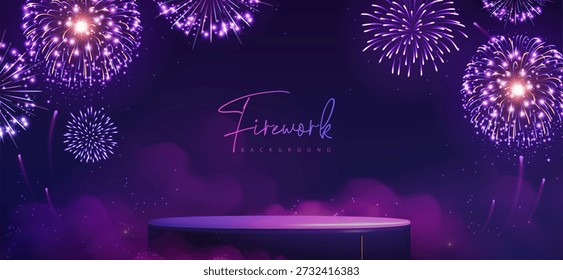 Plano de fundo da mostra com pódio 3D e feriado colorido neon explosão de fogo de artifício no fundo azul escuro. Ilustração vetorial