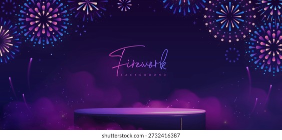 Plano de fundo da mostra com pódio 3D e feriado colorido explosão de fogo de artifício no fundo azul escuro. Ilustração vetorial