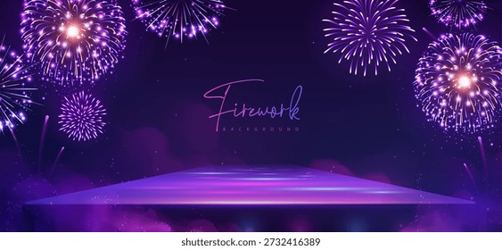 Plano de fundo da mostra com pódio 3D e feriado colorido neon explosão de fogo de artifício no fundo azul escuro. Ilustração vetorial