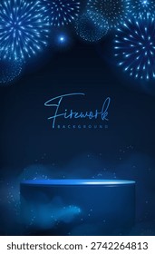 Showcase background with 3d podium  and holiday blue neon firework explosion on dark blue background. Vector illustration