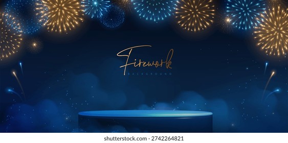 Showcase background with 3d podium  and holiday yellow and blue neon firework explosion on dark blue background. Vector illustration