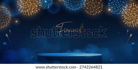 Showcase background with 3d podium  and holiday yellow and blue neon firework explosion on dark blue background. Vector illustration