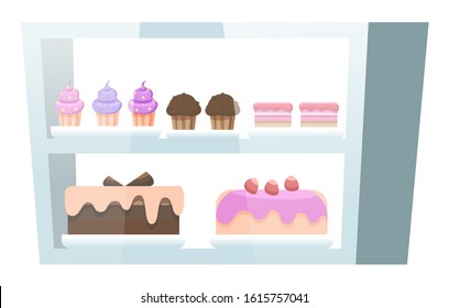 Showcase with baked desserts inside. Chocolate and biscuit cupcakes and cakes decorated with berries and buttercream. Delicious pastry on stand in confectionery. Vector illustration in flat style - Powered by Shutterstock - Get 15% off with code: PIKWIZARD15