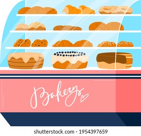 Backwarengeschäft, Bäckerei einzeln auf Weiß, Brotregale, Design, flache Vektorgrafik.