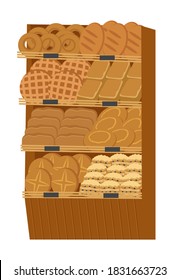 
Showcase with bakery products. 
Bread, rolls and pastries. Isolated on white background. Vector illustration.