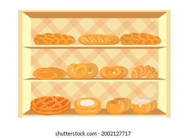 Showcase With Bakery Products In A Supermarket. Vector Illustration Of Shelves With Flour Baked Goods.