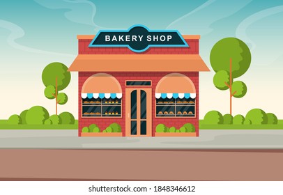 Showcase Bakery Shop Food Store Facade Street Cartoon Illustration