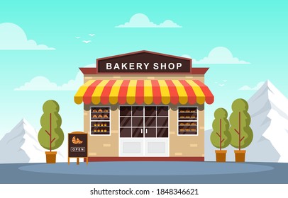 Showcase Bakery Shop Food Store Facade Street Cartoon Illustration