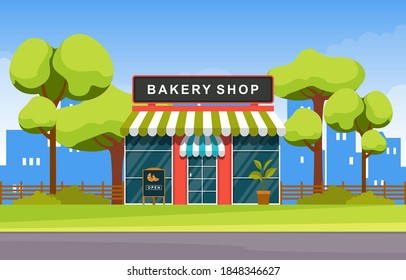 Showcase Bakery Shop Food Store Facade Street Cartoon Illustration