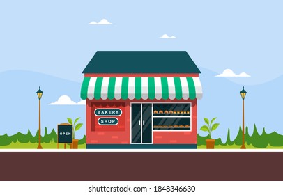 Showcase Bakery Shop Food Store Facade Street Cartoon Illustration