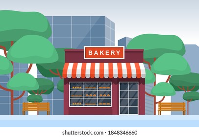 Showcase Bakery Shop Food Store Facade City Cartoon Illustration
