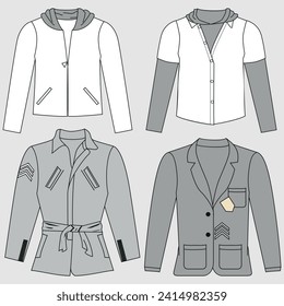 Showcase Blazer Jacket double breasted ribbed male design flat drawing fashion illustration technical drawing with front and back view, front and back view, white color, female CAD makeup.