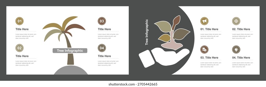 Muestra un negocio o un proceso de crecimiento con esta Plantilla infográfica que presenta un diseño de árbol y mano, acompañado de pasos e íconos numerados. Ilustración vectorial.