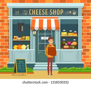 Showcase of cheese shop and buyer with package