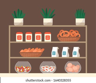 Showcase with confectionery inside. Biscuits, cookies and candies on rack in market or bakery. Delicious pastry on stand, tasty pretzels and kringles. Vector illustration of sweeties in flat style