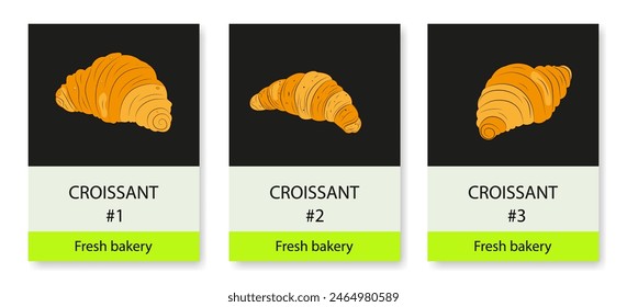 Showcase with croissants. Exhibition with fresh buns, advertising poster, pricing policy for baked goods. Set of fresh croissants for breakfast, fast food. Signboard, menu, price. Vector illustration.