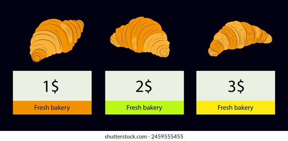 Showcase with croissants, pricing policy. Exhibition with fresh buns, advertising low prices for baked goods. Set of fresh croissants for breakfast, fast food. Vector illustration.