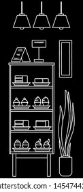 Showcase with desserts in the cafe. Black and white line art. Flat illustration