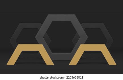 Showcase display scene abstract platform hexagonal basic foundation 3d studio background realistic vector illustration. Premium pedestal black golden geometric stage decor element luxury podium design