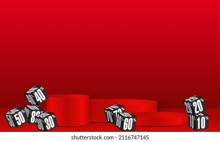 Showcase for displaying commercial products at sales time with cubes decorated with black and white price reduction figures on a red background. 