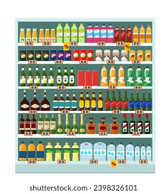 A showcase with drinks, juices, soda, beer, cognac, drinking water, champagne, wine, tinctures. Vector illustration.