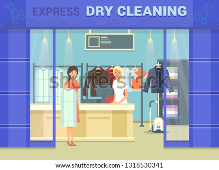 Showcase of dry cleaning store with cloth