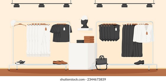 Showcase fashion clothes store interior, shop, showroom, boutique, vest, shirt, design, clothes, sale, bag, retail, hanger, casual wear, modern style, accessories storage. Vector illustration.