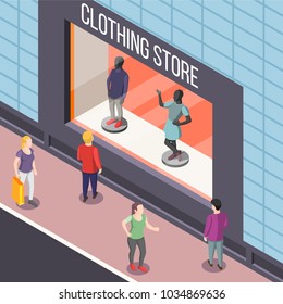 Showcase of fashion clothing store with dummies isometric background with persons watching vitrine from street vector illustration