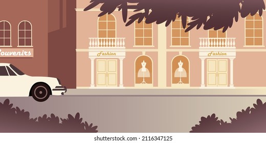 Showcase of a fashion store on a deserted street of a summer downtown. Background vector illustration for landing page mockup or flat design advertising banner.