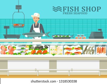 The showcase at fish store with seller