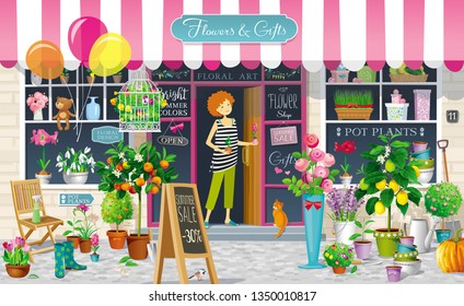 Showcase of the Flower Shop with flower girl and a collection of the flowers, pot plants, citrus trees, garden tools. Vector drawing