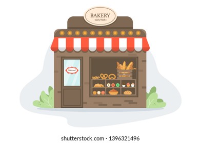 Showcase with fresh tasty bakery products. Bakery building facade. Bread, cookies, baguette and other baked goods. Isolated vector illustration in cartoon style