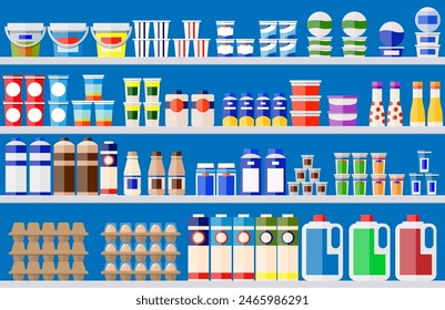 Showcase fridge for cooling dairy products. Different colored bottles and boxes in fridge. Refrigerator dispenser cooling machine. Milk, yogurt, sour cream, eggs. Vector illustration in flat style