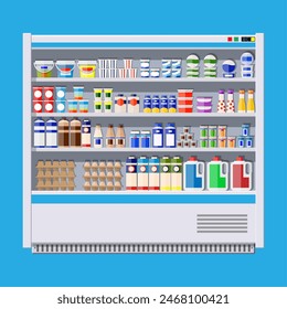 Showcase fridge for cooling dairy products. Different colored bottles and boxes in fridge. Refrigerator dispenser cooling machine. Milk, yogurt, sour cream, eggs. Vector illustration in flat style