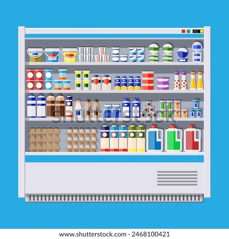 Showcase fridge for cooling dairy products. Different colored bottles and boxes in fridge. Refrigerator dispenser cooling machine. Milk, yogurt, sour cream, eggs. Vector illustration in flat style