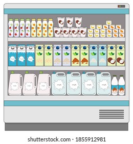 Showcase Fridge For Cooling Milk Products. Dairy And Vegan Milk Alternatives On Fridge Shelves In Supermarket. Milk Bottles, Carton Boxes, Yogurt. Milk Purchase. Hand Drawn Vector Illustration.