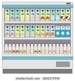 Showcase Fridge For Cooling Milk Products. Dairy And Vegan Milk Alternatives On Fridge Shelves In Supermarket. Milk Bottles, Carton Boxes. Milk Purchase. Hand Drawn Vector Illustration.