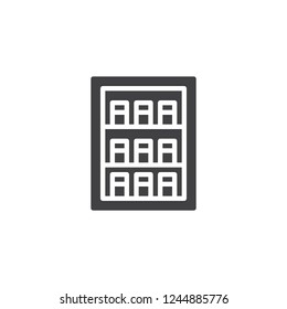 Showcase fridge vector icon. filled flat sign for mobile concept and web design. Refrigerator dispenser with bottles and boxes simple solid icon. Symbol, logo illustration. Pixel perfect