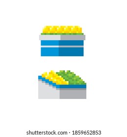 Showcase with fruits and vegetables. Pixel art. Old school computer graphic. 8 bit video game. Game assets 8-bit sprite. 16-bit.