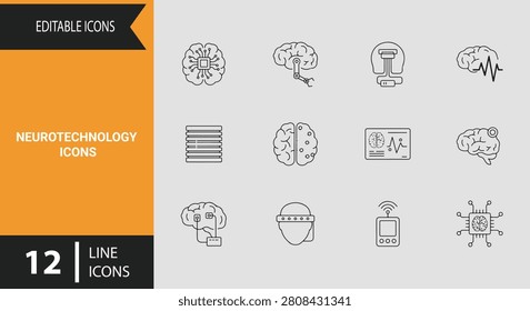 Showcase future science with a neurotechnology icons outline icon set highlighting brain machine interfaces bioengineering concepts and advanced neurological laboratory systems graphics platform