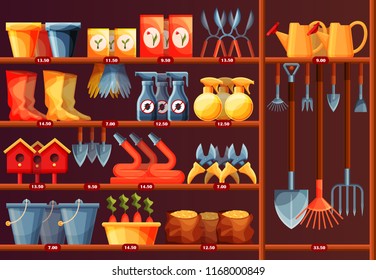 Showcase with garden accessory, equipment at shop