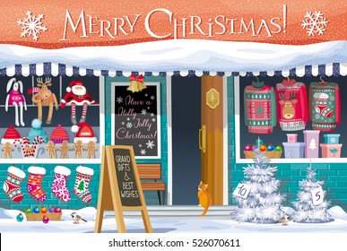 Showcase Gift Shop with Christmas symbols - greeting card, banner or poster for sales and other Christmas and New Year events.