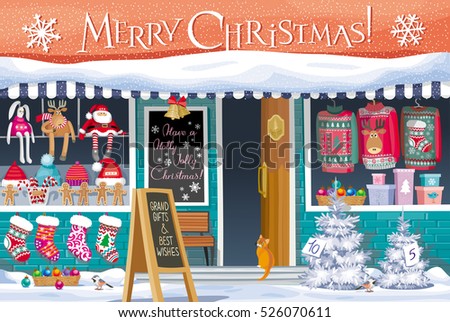 Showcase Gift Shop with Christmas symbols - greeting card, banner or poster for sales and other Christmas and New Year events.