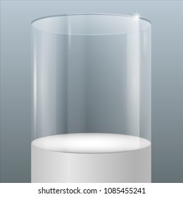 Showcase of glass in the form of a cap on the podium. Exposition of jewelry. Vector graphics with the effect of transparency. Retail store equipment