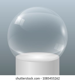 Showcase of glass in the form of a cap on the podium. Exposition of jewelry. Vector graphics with the effect of transparency. Retail store equipment