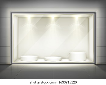 Showcase with glass wall, round podiums and spotlights. Vector realistic mockup of empty display stand, storefront with transparent window for shop, boutique, product presentarion or museum exhibition