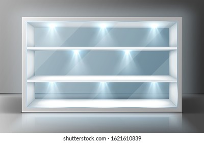 Showcase with glass wall, white shelves and spotlights. Vector realistic mockup of empty display stand, storefront with transparent window for shop, boutique, product presentarion or museum exhibition