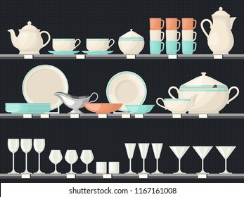 Showcase with glassware dish or shelves at kitchen with food accessory or crockery. Wine glass and cup, teapot and plate at shop or market, store. Kitchenware and utensil, cutlery and meal, food theme