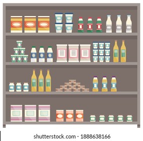 Showcase with groceries in the store. Fridge for cooling dairy products. Different colored bottles and boxes on shelves. Refrigerator dispenser cooling machine, shop equipment, goods in supermarket